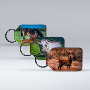 Three leather keyrings. Each one featuring a classic Exmoor animal